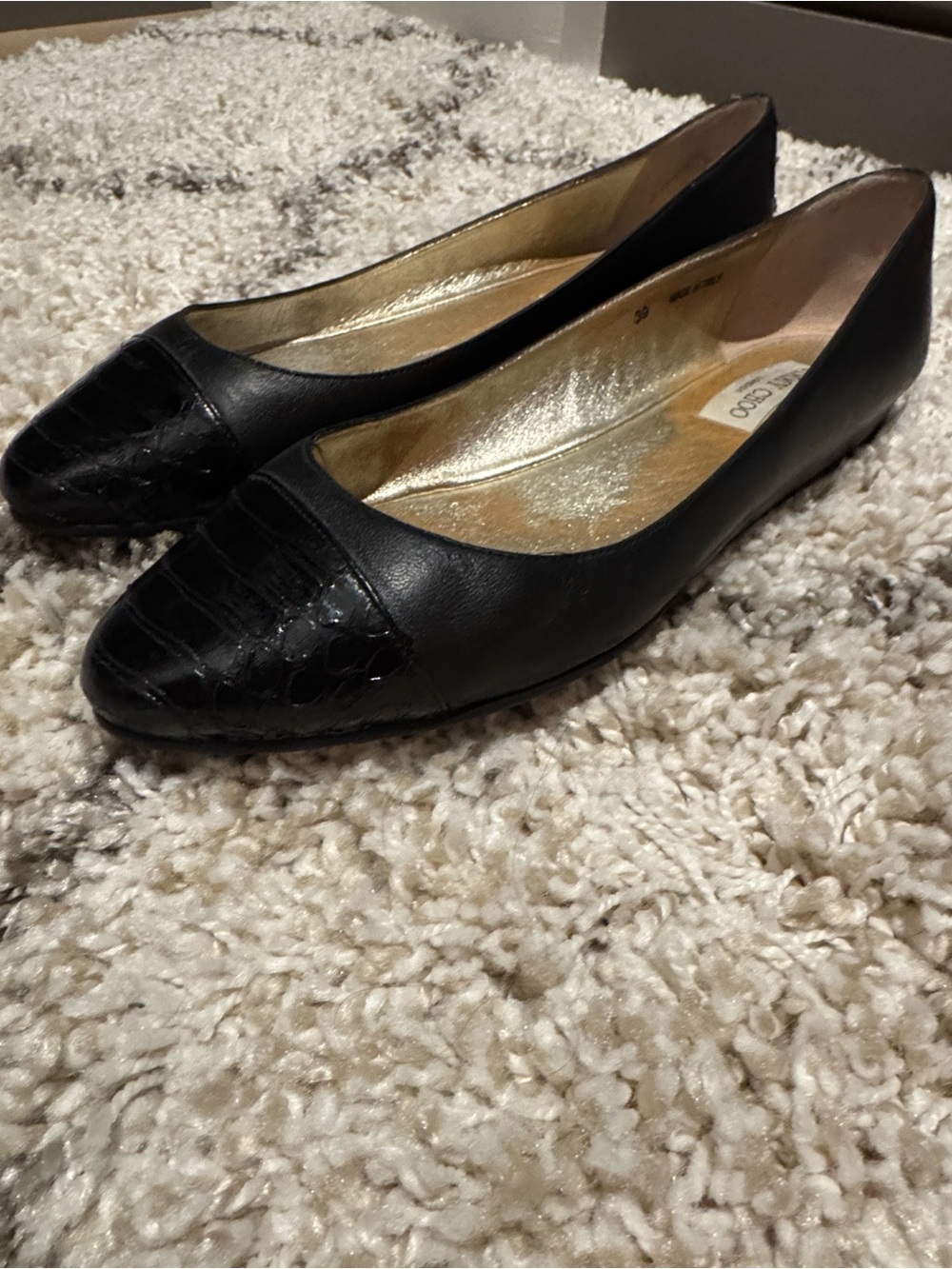 Jimmy Choo Black Leather Pointed Toe Croc-Texture Flats